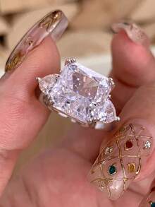 1pc Minimalist Square Diamond Ring, 925 Sterling Silver, Clean Square Cut Design, Sparkling Accent, Stylish Finger Jewelry