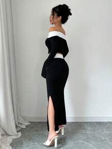 Conjunto de traje de camiseta corta elegante con bloque de color, fuera del hombro y falda de cola de pez con abertura lateral para primavera/verano - Negro - Ver 2