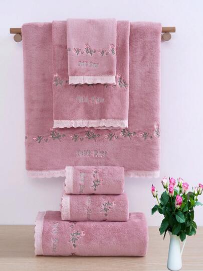 3/2/1 件珊瑚绒刺绣玫瑰花浴室毛巾/浴巾，田园浪漫风格，吸水柔软蕾丝毛巾或浴巾，舒适的家居浴室装饰，情人节礼物，美容院淋浴毛巾，酒店运动，家居必需品，毛巾，护肤