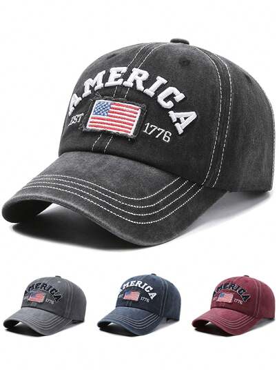 1pc America 3D Embroidered Letter, EST 1776 Embroidered, United States Of America Flag Embroidered, US Flag Embroidered Baseball Cap, Fashionable Casual Soft Top Hat, Outdoor Sports Sun Hat, Unisex