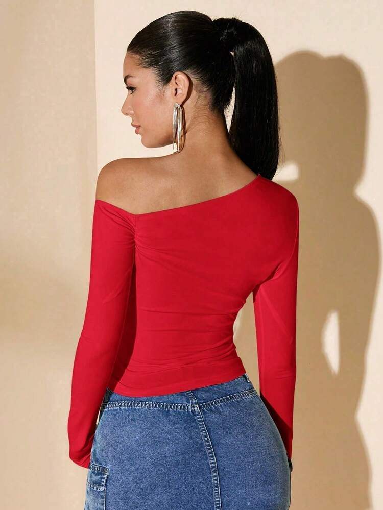 Women's Minimalist Asymmetric Shoulder Long Sleeve Fitted T-Shirt Top, Everyday Wear, Fall/Winter - 紅色 - 查看 2