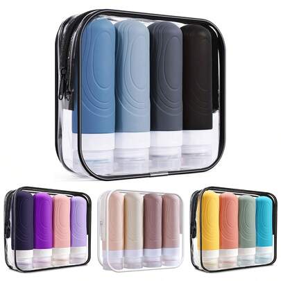 四件套硅胶旅行瓶套装 - 防漏，符合TSA安检标准，适用于洗发水、护发素、润肤露和沐浴露 | 假日旅行必备 | 可挤压分体瓶