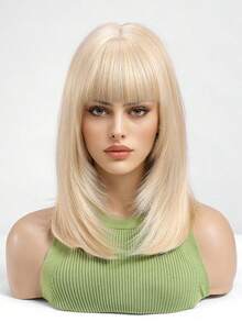 14-Inch Breathable & Comfortable Chin-Length Wavy Bob Wig With Bangs, Golden Color, Synthetic Fiber, Suitable For Cosplay And Daily Wear - Gold - View 6