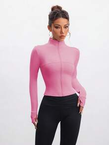 FWH 可调节高领/领口设计，专业剪裁，适合全天活动，多种运动场合，如健身/户外/瑜伽，运动时尚，可转换设计，专业运动时尚，带拇指孔训练上衣，修身拉链瑜伽外套带拇指孔，女士可转换高领训练外套粉色 - 粉色 - 查看 5