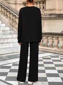 Women Fall 2 Piece Sweatsuit Set  Drawstring Wide Leg Jogger Sweatpants Loose Matching Lounge Sets Sport Airport Tracksuit Outfits - Black - View 2