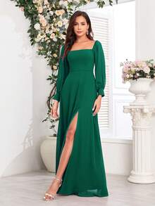 Women's Off-Shoulder High Slit Chiffon A-Line Bridesmaid Dress, Cocktail Dress, Wedding Guest Dress, Suitable For Weddings, Graduations, Formal Dinners And Other Occasions - Dark Green - View 4