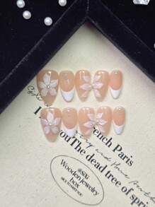 10Pcs Set Pink & White Floral Pearl Decor Short Almond Shape Full Cover Fake Nails, Elegant Minimalist Design, Easy Press-On Nail Decor Kit, Suitable For Daily Wear, Date, Holiday, Gift For Girls And Women Nail Supplies Nails - Multicolor - View 8