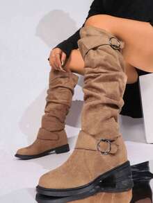 Mid Autumn/Winter Suede Pile Boots Women's Western Cowboy Boots Women's Retro Boots New Knight Boots Retro Flat Western Belt Buckle Boots - 棕色 - 查看 4