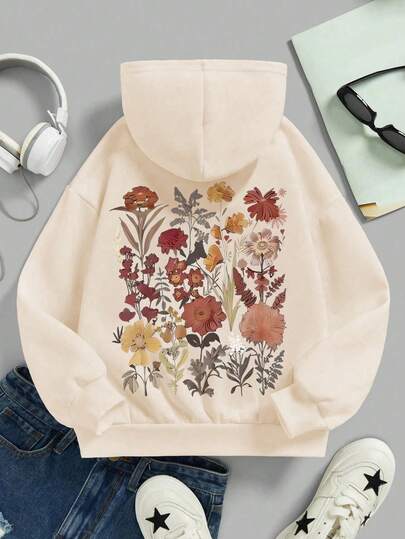 1 女童长袖连帽套头衫，带有“花朵”印花图案，为年轻女孩/一周大的女孩/少女女孩提供舒适、时尚、休闲的秋冬新款上衣