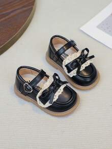 1 Pair Black Bow Cute Fashionable Pearl Design Soft Bottom Non-Slip Flat Infant Toddler Shoes, Suitable For Spring, Summer, Autumn, Winter (Size 16-20, Recommend Ordering One Size Down)