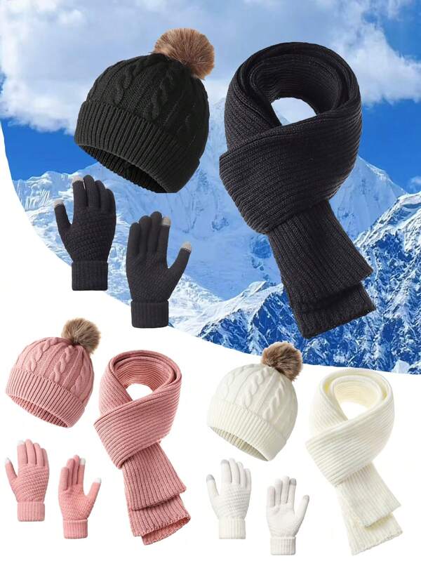 3pcs Women Simple Solid Vertical Striped Knit Hat, Scarf And Gloves Set, Warm For Autumn/Winter, Christmas, Outdoor Casual Use