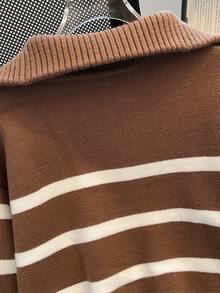 Autumn/Winter New Women Striped All-Match Pullover Sweater, Fashion High-End Simple Zipped Knitted Top - Cà phê nâu - Xem 5