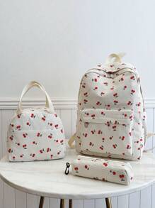 New Youth Schoolbag Corduroy Cherry Print Elementary Middle High School Student Laptop Backpack