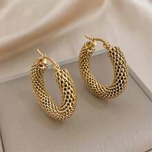 1pc Stainless Steel Elegant Hoop Earrings, Unplated, No Gemstone, Sexy & Casual Style, Women's Fashion Jewelry For Daily Wear & Parties, All-Season Accessory - 金的 - 查看 10