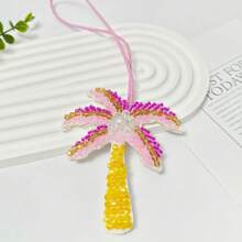 椰子树包吊坠、串珠椰子树、人造珍珠和果实累累的椰子树象征着毅力/顽强的生命力，手工串珠热带棕榈树钥匙扣 - 充满活力的绿色和粉红色 DIY 棕榈树饰物，带有白色花朵装饰，波西米亚风棕榈树饰物包和服装背包配饰，适合女性和男性