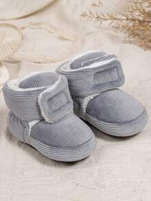 1 par de botas térmicas forradas de unicolor y rayas para bebés, zapatos suaves y lindos para niños pequeños, diseño conveniente para ponerse y quitarse fácilmente y ajuste ajustable, adecuados para niños/niñas pequeños en interiores/exteriores, días festivos, gateo, vacaciones en otoño/invierno