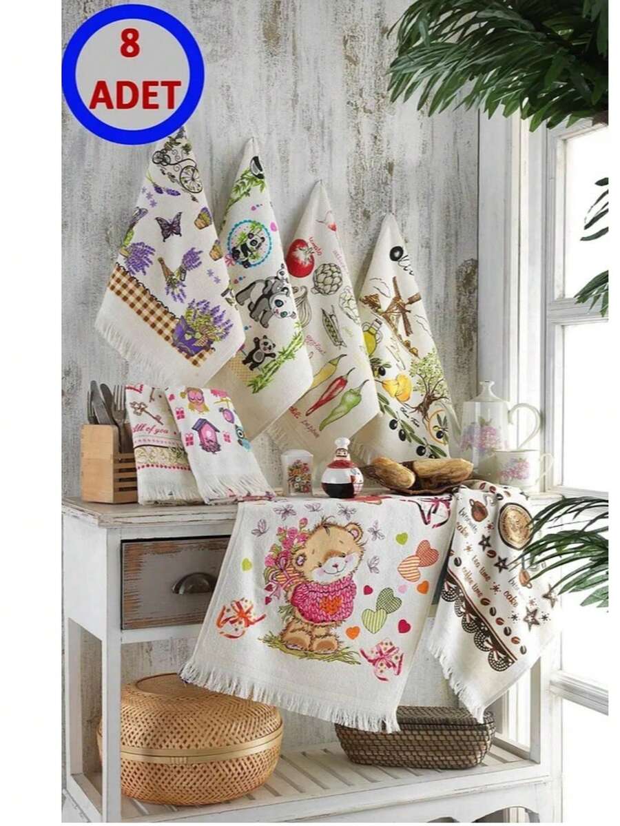 8-Piece 100% Cotton Kitchen Towel Set | 40x60 Cm | Super Absorbent Dish Cloth & Hand Towel | Soft, Durable Texture | MADE IN TURKEY