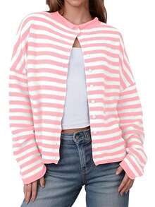 Women's Knitwear Regular Sleeve Striped Cardigan With Buttons Round Neck For Casual Wear - 粉色 - 查看 1