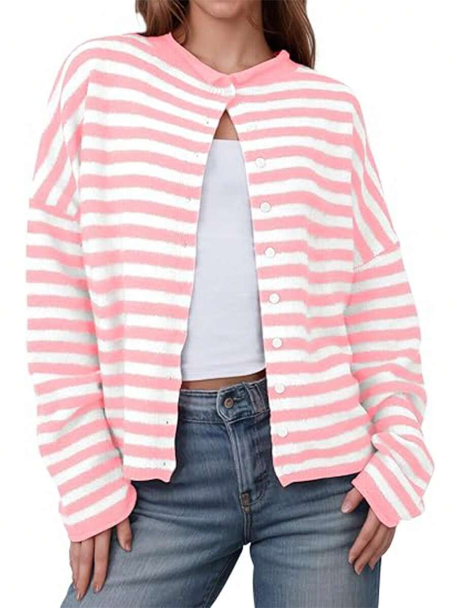 Women's Knitwear Regular Sleeve Striped Cardigan With Buttons Round Neck For Casual Wear - 粉色 - 查看 1