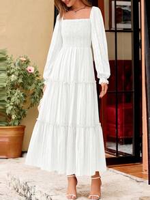 Women Elegant  Maxi Dresses For Fall Boho Long Sleeve Smocked A Line Ruffle  Wedding Guest Holiday Party Long Dress With Pockets New Years Valentine Vacation Spring Dresses For Women Vestidos Elegantes De Mujer - 白色 - 查看 7