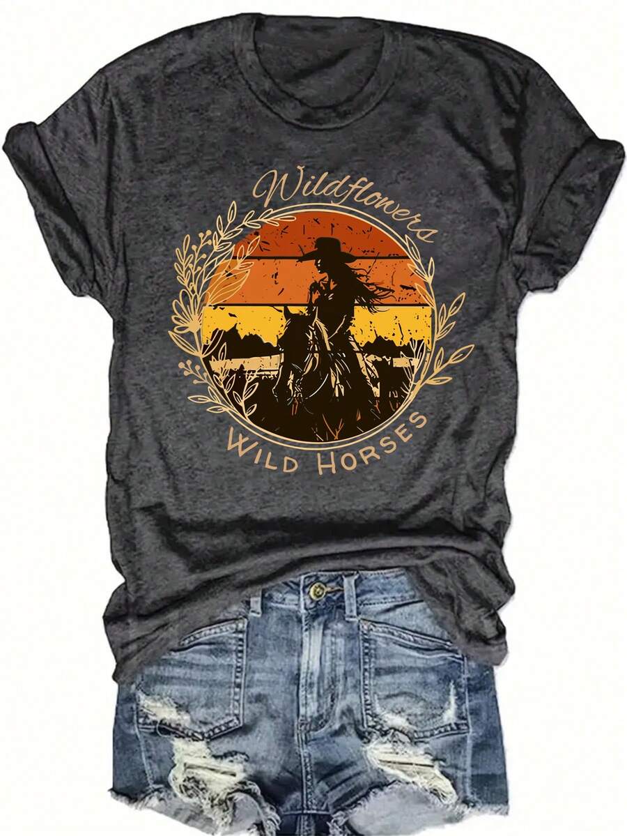 Women's Round Neck Short Sleeve T-Shirt - 深灰色 - 查看 1