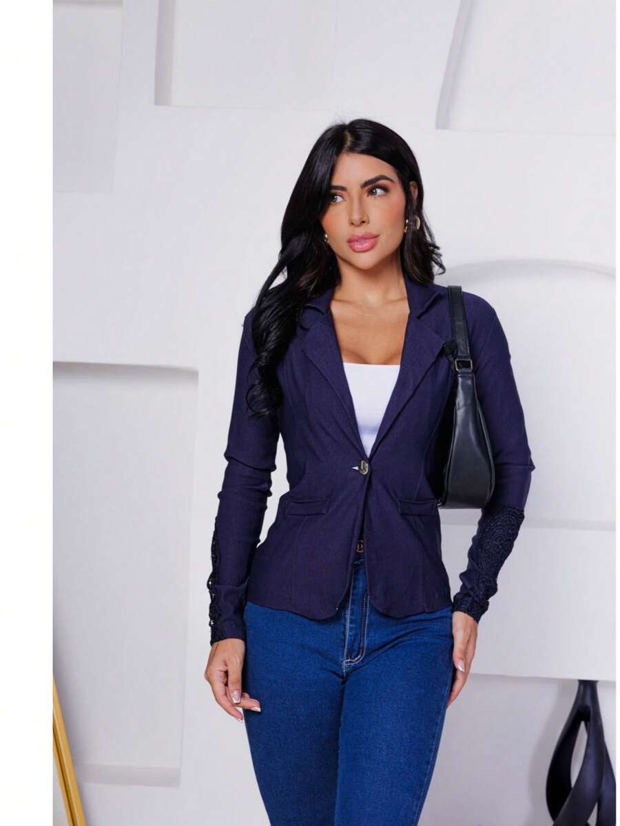 Plus Size Bengaline Lace Blazer With Button Sleeves - Navy Blue - View 1
