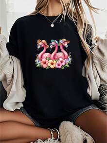 Pink Flamingo Bird Watercolor Artwork Flower Summer Men Women Kids T-Shirt         Graphic Tees Women Crop Tops Summer Outfits For Women Summer Tops T-Shirt - Black - View 1
