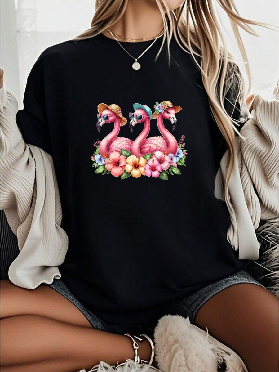 Pink Flamingo Bird Watercolor Artwork Flower Summer Men Women Kids T-Shirt         Graphic Tees Women Crop Tops Summer Outfits For Women Summer Tops T-Shirt - Black - View 1