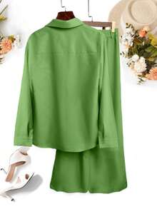 秋冬优雅两件套，薰衣草色开衫衬衫 + 阔腿裤，带口袋和松紧腰带，休闲简约商务通勤装，适合女性、教师