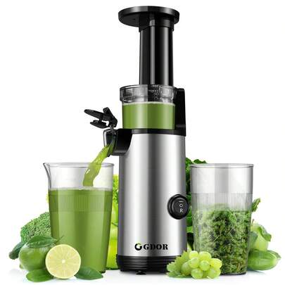 Compact Masticating Juicer With Powerful 60NM DC Motor, Low Noise, Space-Saving Cold Press Juice Exrtractor Machines, Easy To Clean Slow Juicer, Brush Included, 20 Oz Juice Cup, Sliver.