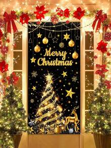 1 bandeira decorativa de porta com tema natalino, 78 x 156 cm, estilo retrô plano 2D, tema de boneco de neve, tema de Papai Noel entregando presentes, bandeira de porta de poliéster "Feliz Natal", capa de porta de Natal, adequada para decoração de entrada de feriados de Natal, decoração de casa e quintal de inverno, bandeira de festival de Natal - Multicolorido - Ver 14