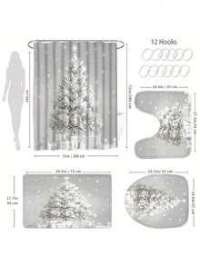 1/4 件套圣诞节浴帘套装：数码印花雪人、动物和森林主题，防水涤纶面料，70.87 x 70.87 英寸，包含浴垫和马桶盖套，12 个塑料挂钩，无线浴室装饰 - 彩色 - 查看 4
