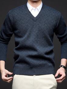 男士V领厚针织衫，商务/通勤，秋冬季，长袖上衣 - 橄欖綠 - 查看 2