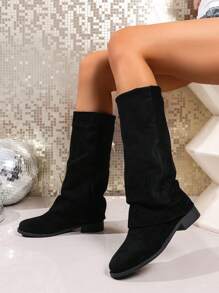 Fall/Winter 2025 Slimming Suede Shaft Over-The-Knee Chunky Heel Pointed Toe Cowgirl Boots For Women - Black - View 7