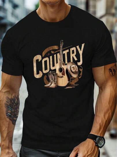 LocalMens Men's Vintage Western Graphic T-Shirt - Guitar Cowboy COUNTRY Print Crew Neck Short Sleeve Tee, Lightweight Breathable Fabric, Regular Fit Casual All-Season Top For Country Music Fans, Country Music T Shirts, Comfortable Allseason Wear