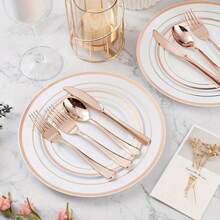 5/10 piezas Juego de vajilla en color oro rosa, Cubertería de acero inoxidable dorado, Cuchillo, Tenedor y Cuchara de color dorado, Adecuado para fiestas, bodas, cumpleaños y eventos al aire libre