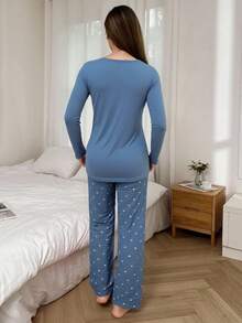 Mirano Slogan Print Short Sleeve Top & Cherry Pattern Long Pants Pajama Set - Mint Blue - View 2