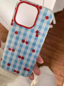 1pc Minimalist Plaid Cherry Compatible With IPhone 16 Phone Case, IPhone 15 Pro Max New Model 13 Protective Cover 14/12 Full Coverage 16 Niche With Cherry Pendant Phone Case