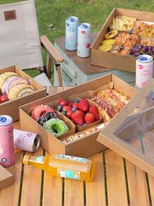 1/2pcs Rectangular Brown Kraft Paper With Lid And Transparent Window Multi-Purpose Cake Baking, Fried Chicken, Pizza, Sandwich, Fruit Storage Packaging Box, Suitable For Picnic Camping, Outdoor, Party, Birthday, Pizza Shop, Fried Chicken Shop - Brown - View 7