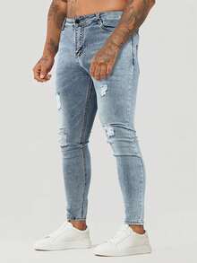 1pc Men's Light Color Elastic Skinny Fit Distressed Versatile Jeans, Outdoor Comfortable Casual Cargo Skinny Jeans, Suitable As Gift For Husband/Boyfriend, Daily Wear - Light Wash - View 4