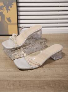 加大码女式方头踝带坡跟凉鞋，白色透明珍珠装饰，舒适防滑，适合派对、沙滩、居家和户外穿着，高跟鞋 - 銀色 - 查看 6