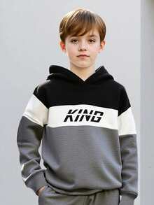 2pcs Boys King Letter Print Hooded Sweatshirt And Pants Set, Long Sleeve Top And Casual Sports Trousers, Fashion Sportswear For Tween Boys