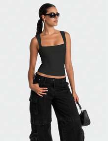 Square Neck Tank Tops For Women, Sleeveless Double Lined Tops For Women Sexy Going Out Top  Basic Fitted Shirts,Local Delivery - 黑色 - 查看 6