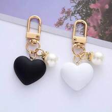 Heart Pearl Love Keychain Pendant Girly Heart Black And White Glossy Heart Accessories Cute Couple Bag Charm - 白色 - 查看 7