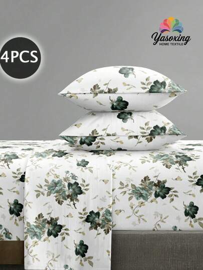 4Pcs Black Green Garden Flower Pattern Sheet Set Bedding Set, 1pc Fitted Sheet & 1pc Flat Sheet& 2pcs Pillowcase Bedding Mattress Protector Set (Not Including Pillow Core)Luxury Fitted Sheet Set King Queen Full TWIN SIZE Sheet Deep Pocket Up To 11.8 Inch Pillowcase, Soft Breathable Wrinkle-Free Better For Sleep, Luxury Hotel Style, Gift For Mom Dad Friend Farmhouse Bedding Sets