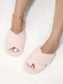 Fall/Winter Women's Fashion Dual Strap Fluffy Faux Fur Slippers, Soft Lightweight Indoor Home Slippers, Quiet Carpet Slippers - Pink - View 5