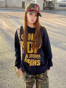 Women's Casual Loose Fit Cartoon Print Round Neck Colorblock Long Sleeve T-Shirt, Fashion & Versatile, Spring/Autumn