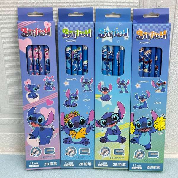 Disney 12pcs Stitch Pencils, Stitch Pencils, Disney HB Boxed Pencils, Wooden Drawing Pencils With Erasers (Random Color), School Party, Halloween Gift, Back To School