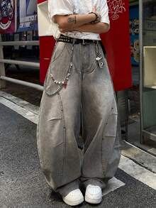 1 chiếc quần jeans ống loe kiểu Nhật Bản phối đinh tán, rộng rãi và thoải mái, đa năng (Không bao gồm thắt lưng và phụ kiện) - Xám - Xem 7