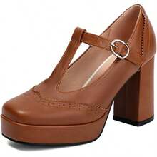 Womens Square Toe Mary Jane Shoes Outdoor  Retro Oxford Wingtip Platform Pump Preppy Ankle Buckle Strap Office Shoes Dress Wear Footwear - 棕色 - 查看 3